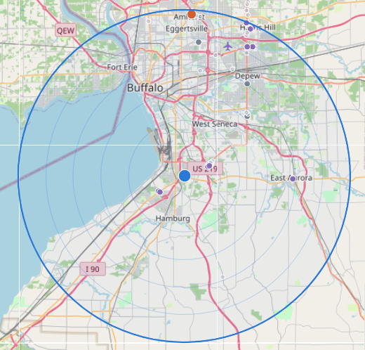 Illustrative map showing a 15-mile geographic exclusivity radius around a dealership